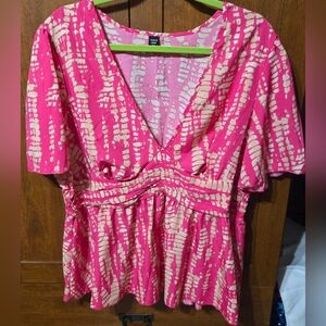 SHEIN Hot Pink and Cream V-Neck Empire Waist Tunic
